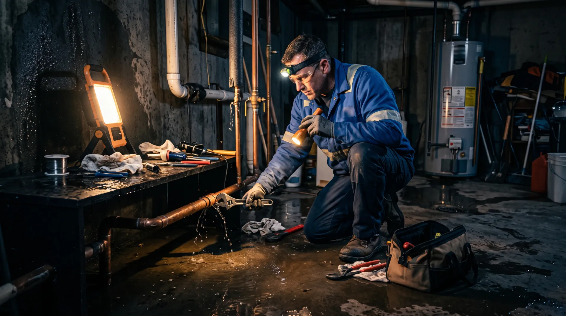 Plumber carrying out emergency plumbing work.
