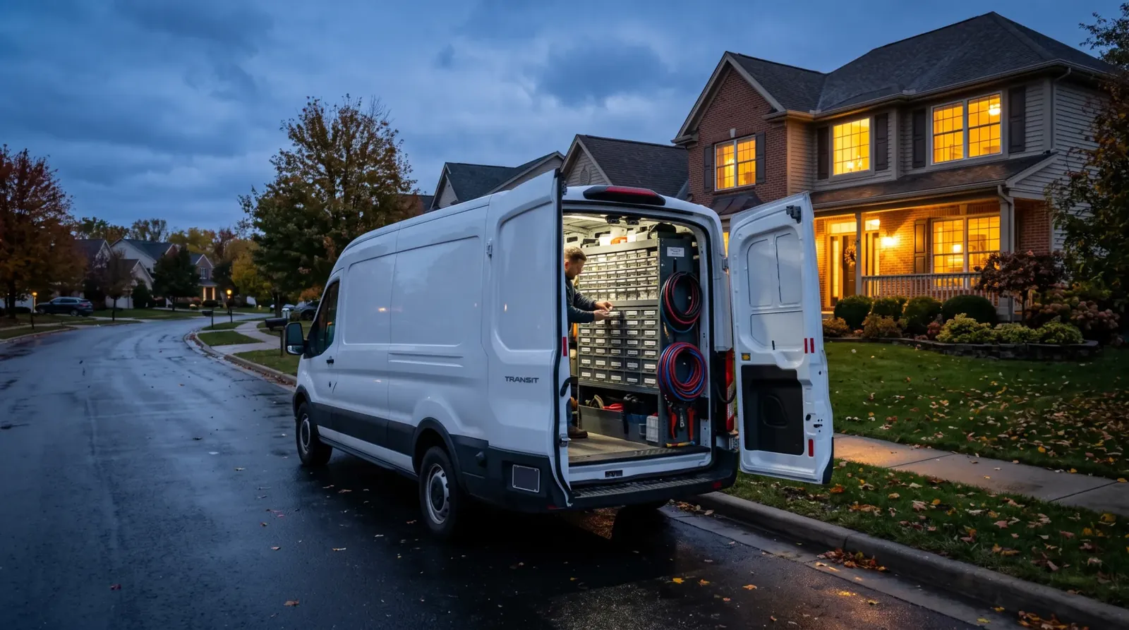 A plumbing service van parked outside a house at dusk.