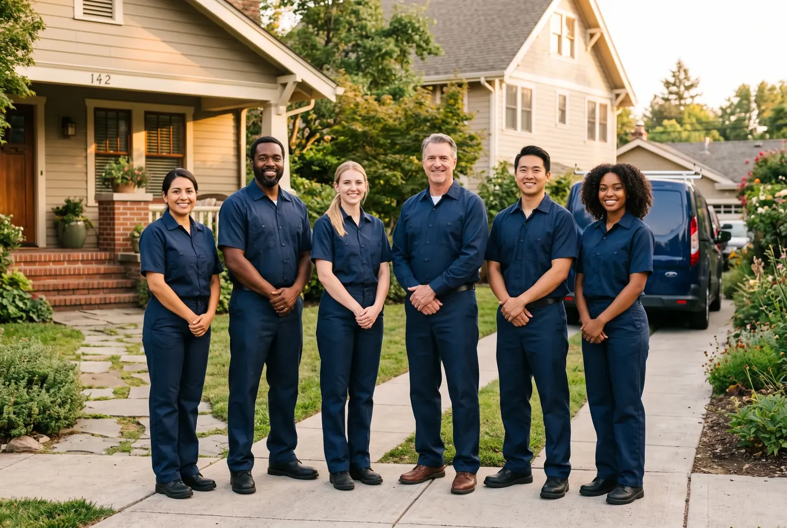 Two plumbers in work clothes standing outside a house.