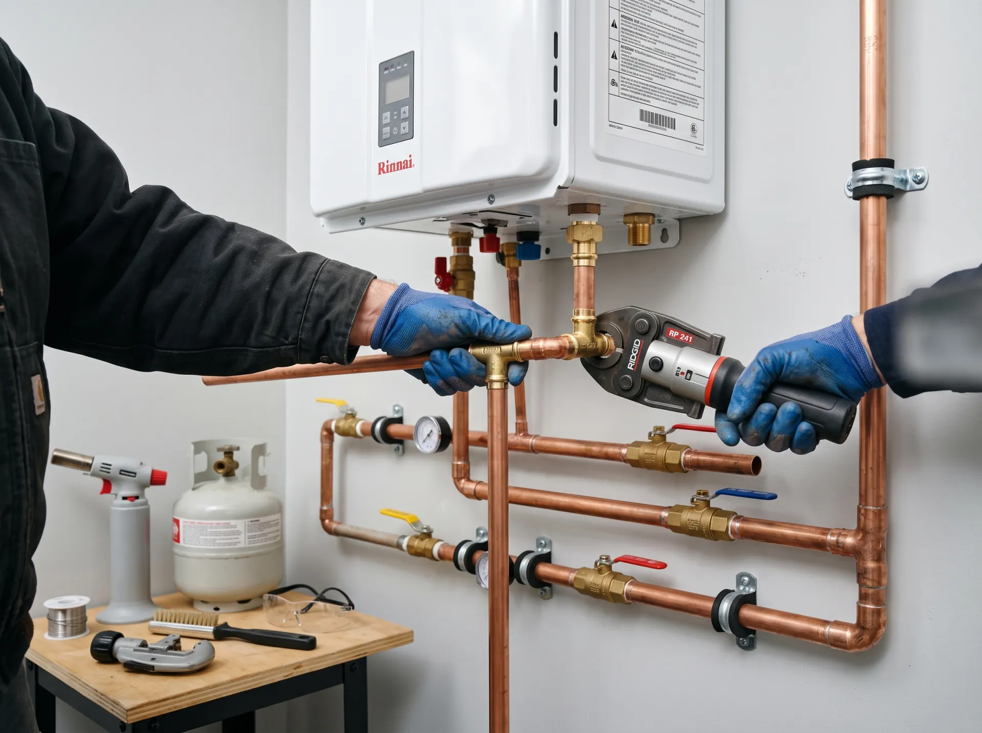 Plumber carrying out gas lines work.